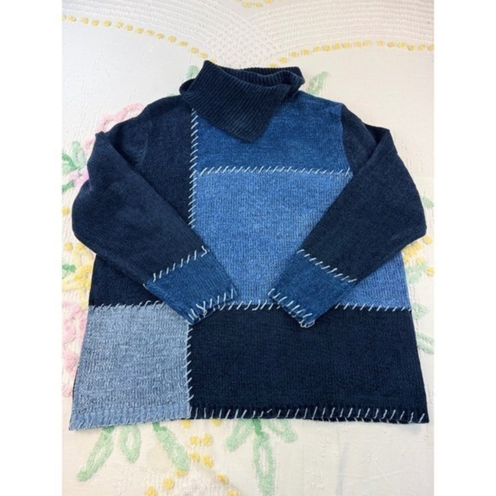 North Crest Patchwork Turtleneck Sweater Blue Den… - image 3